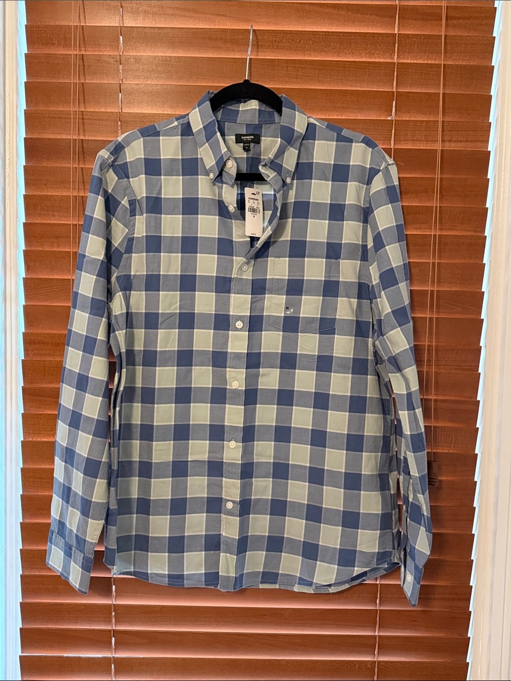 Express Men's Button-Down Plaid Shirt - Blue and White size M